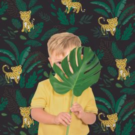 Behangpapier - Kleine cheeta & bladeren - Donkere achtergrond