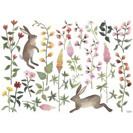 Muursticker L - Rabbits And Flowers